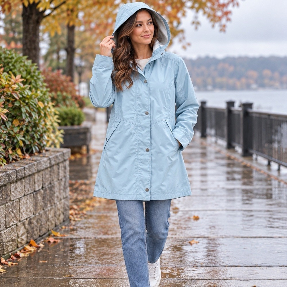 Marmot Trench Rain Coat Womens Medium Light Blue Hooded Waterproof Packable